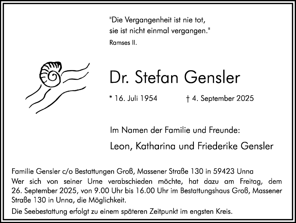  Traueranzeige für Stefan Gensler vom 20.09.2025 aus Hellweger Anzeiger