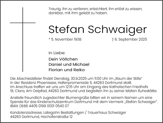 Traueranzeige von Stefan Schwaiger von Ruhr Nachrichten