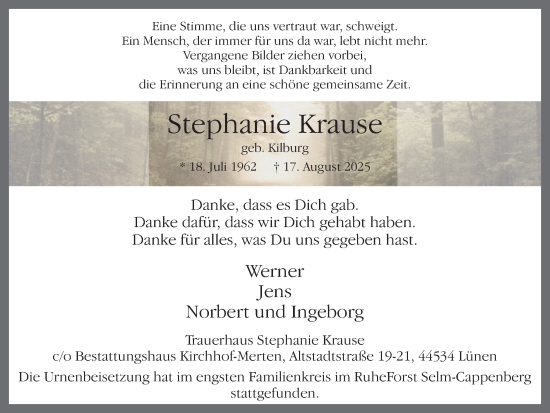 Traueranzeige von Stephanie Krause von Lüner Anzeiger