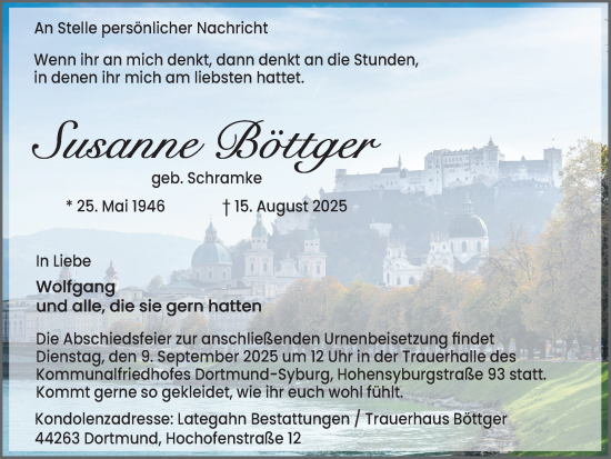 Traueranzeige von Susanne Böttger von Ruhr Nachrichten