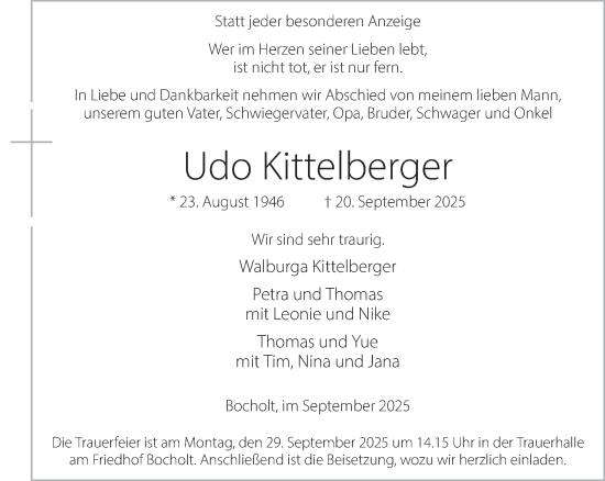 Traueranzeige von Udo Kittelberger 