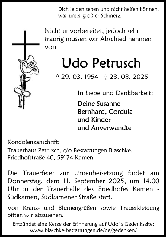 Traueranzeige von Udo Petrusch von Hellweger Anzeiger