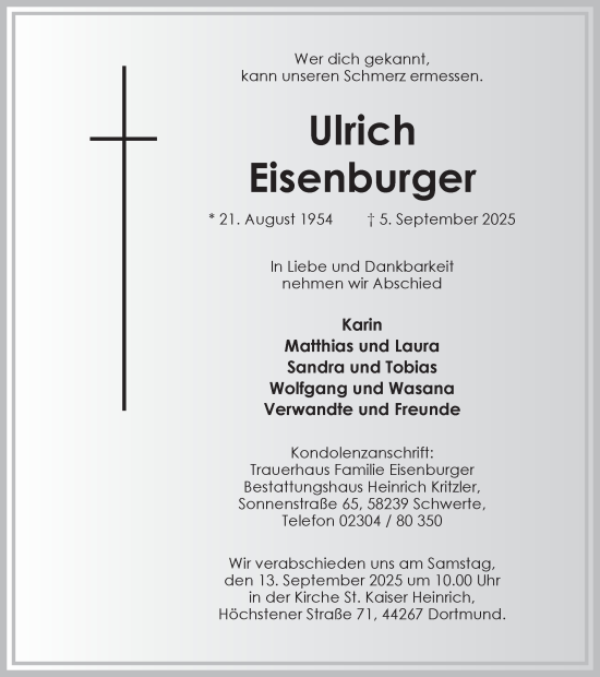 Traueranzeige von Ulrich Eisenburger von Ruhr Nachrichten