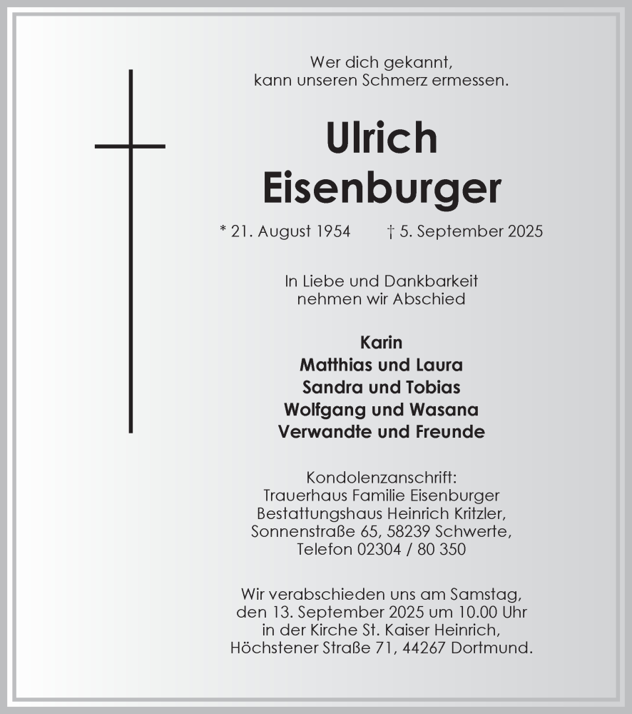  Traueranzeige für Ulrich Eisenburger vom 10.09.2025 aus Ruhr Nachrichten