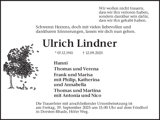 Traueranzeige von Ulrich Lindner von Ruhr Nachrichten und Dorstener Zeitung