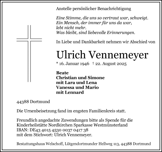 Traueranzeige von Ulrich Vennemeyer von Ruhr Nachrichten