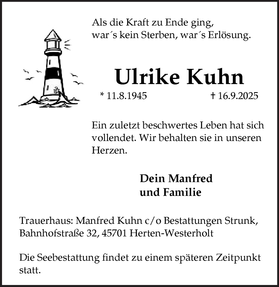  Traueranzeige für Ulrike Kuhn vom 27.09.2025 aus Trauer Vest