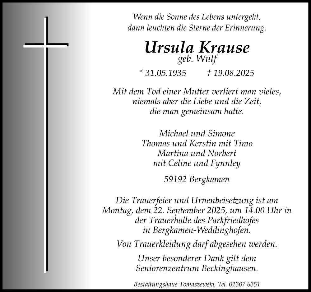  Traueranzeige für Ursula Krause vom 13.09.2025 aus Hellweger Anzeiger