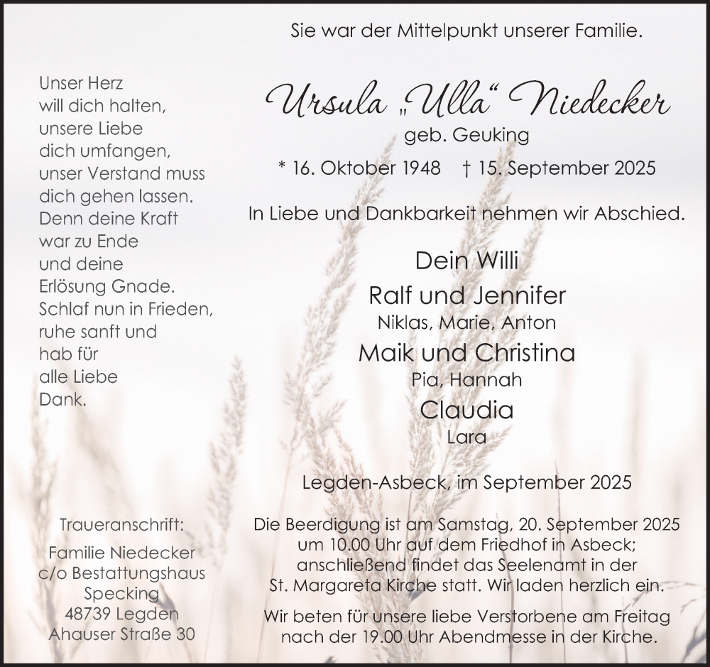  Traueranzeige für Ursula Niedecker vom 17.09.2025 aus Münsterland Zeitung
