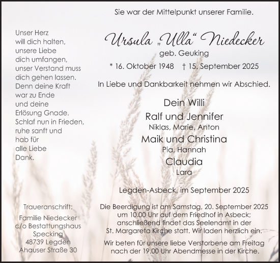 Traueranzeige von Ursula Niedecker von Münsterland Zeitung
