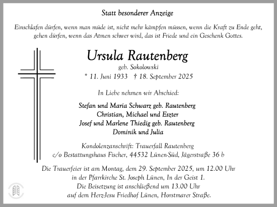 Traueranzeige von Ursula Rautenberg von Lüner Anzeiger