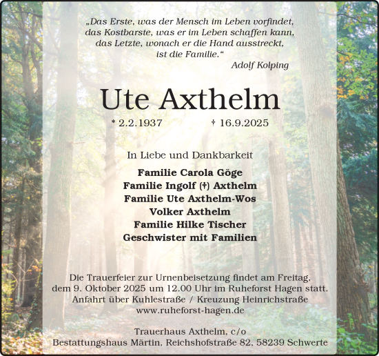 Traueranzeige von Ute Axthelm von Ruhr Nachrichten