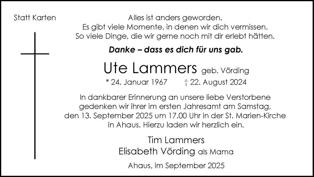  Traueranzeige für Ute Lammers vom 10.09.2025 aus Münsterland Zeitung