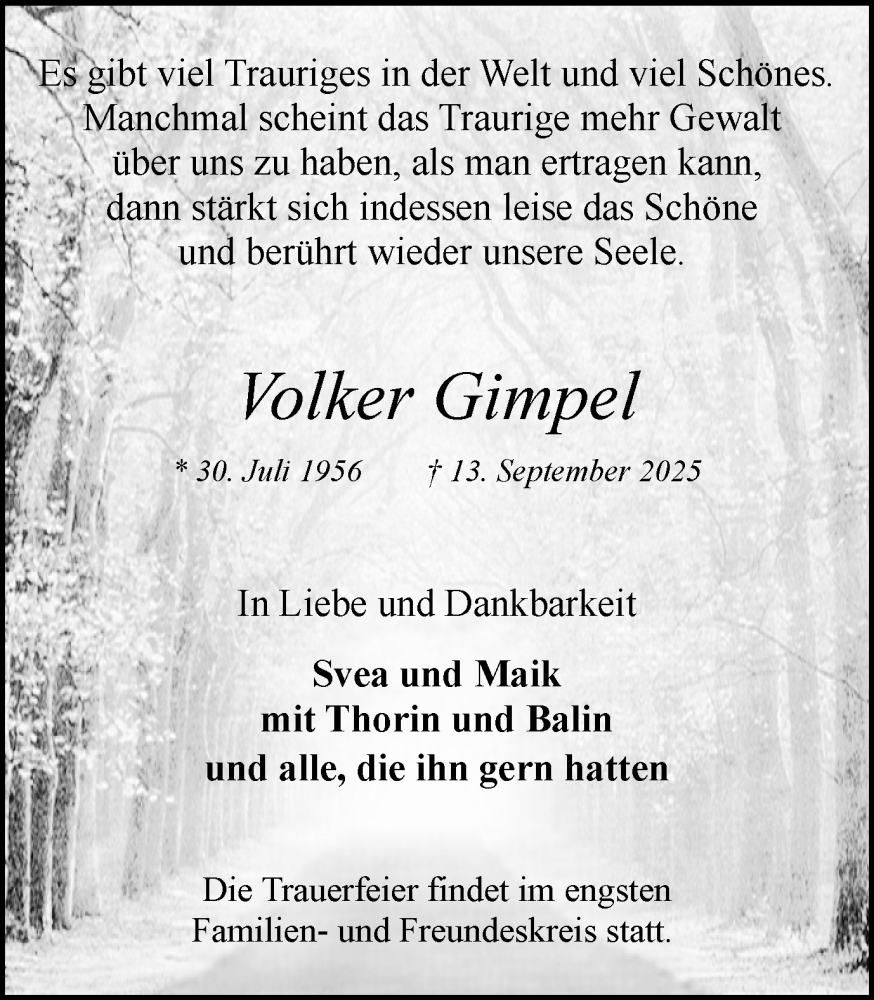  Traueranzeige für Volker Gimpel vom 20.09.2025 aus Lüner Anzeiger