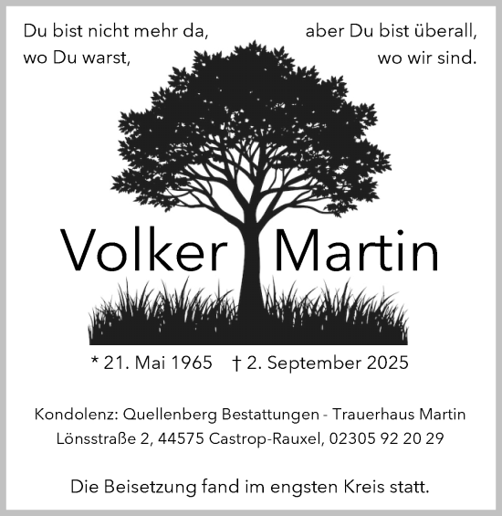 Traueranzeige von Volker Martin von Stadtanzeiger Castrop-Rauxel