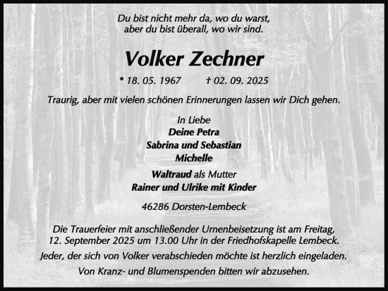 Traueranzeige von Volker Zechner von Ruhr Nachrichten und Dorstener Zeitung