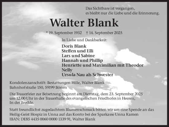 Traueranzeige von Walter Blank von Hellweger Anzeiger