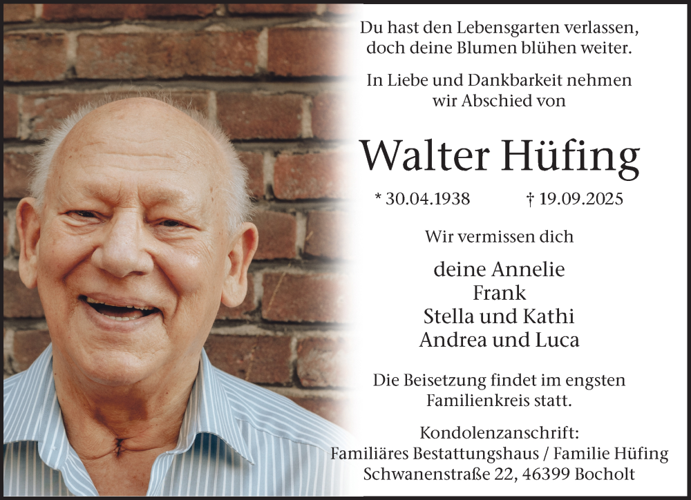  Traueranzeige für Walter Hüfing vom 27.09.2025 aus 