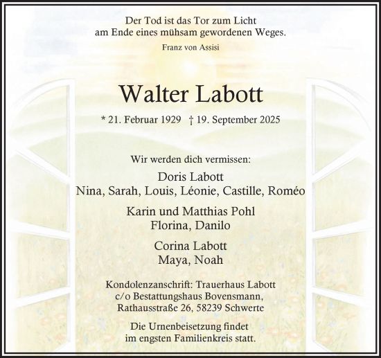 Traueranzeige von Walter Labott von Ruhr Nachrichten