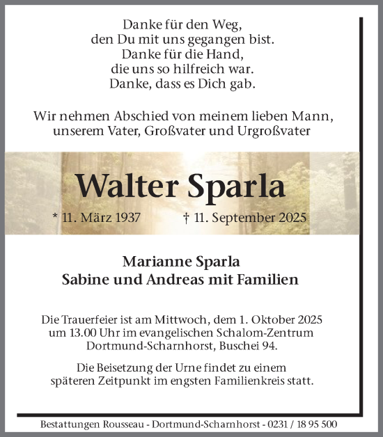 Traueranzeige von Walter Sparla von Ruhr Nachrichten