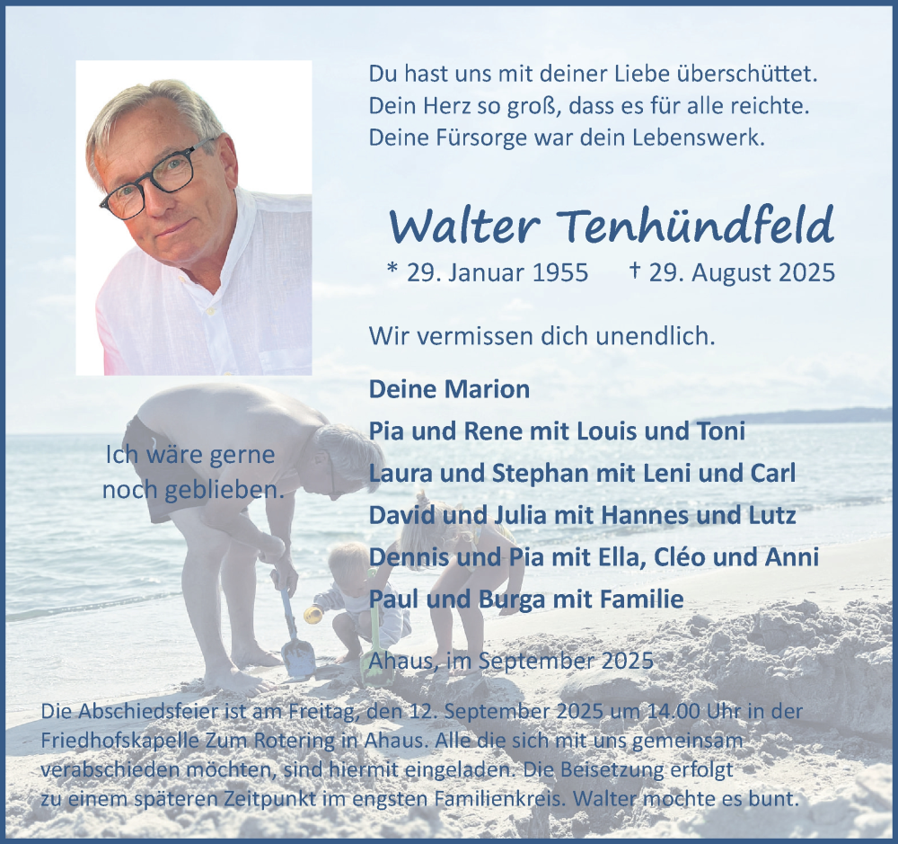  Traueranzeige für Walter Tenhündfeld vom 06.09.2025 aus Münsterland Zeitung
