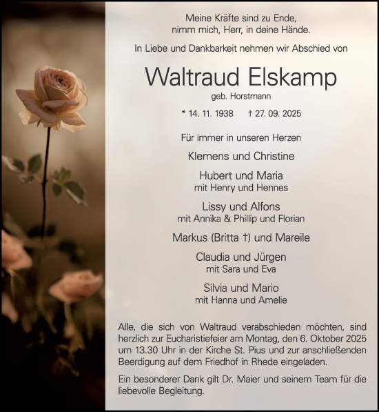 Traueranzeige von Waltraud Elskamp 