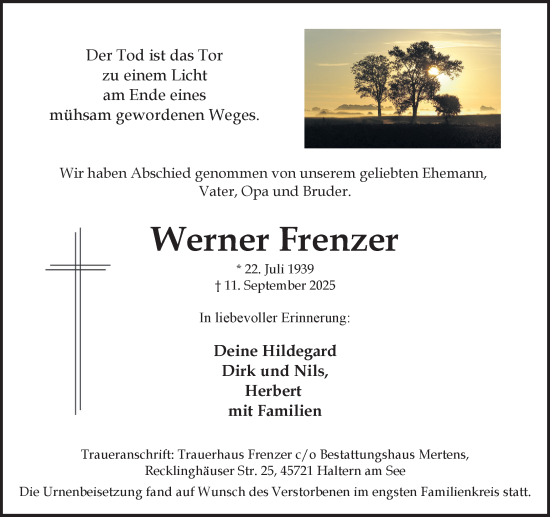 Traueranzeige von Werner Frenzer von Ruhr Nachrichten und Halterner Zeitung