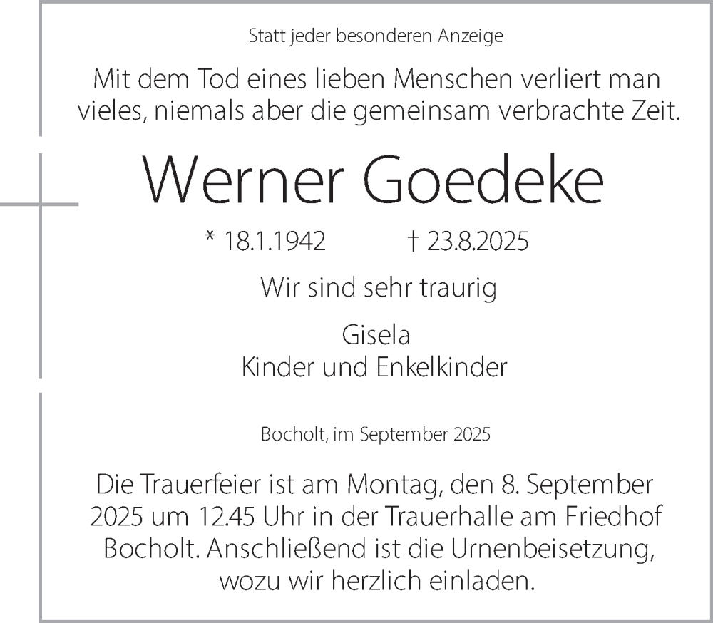  Traueranzeige für Werner Goedeke vom 03.09.2025 aus 