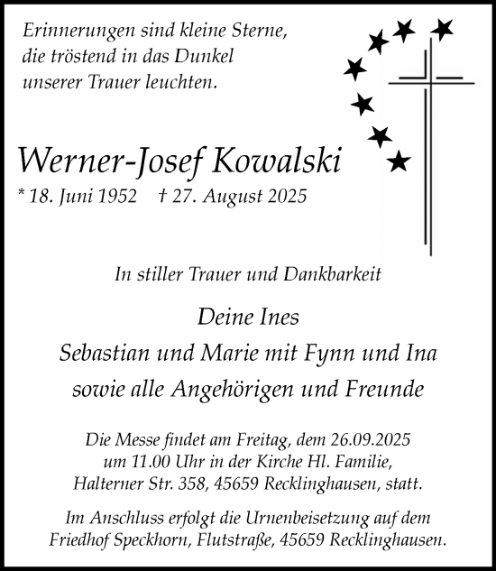 Traueranzeige von Werner-Josef Kowalski von Trauer Vest