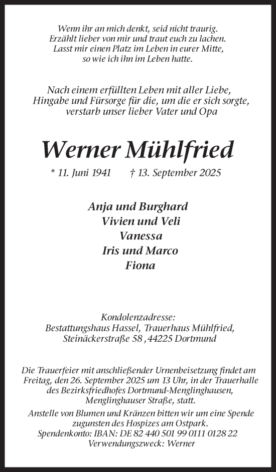 Traueranzeige von Werner Mühlfried von Ruhr Nachrichten