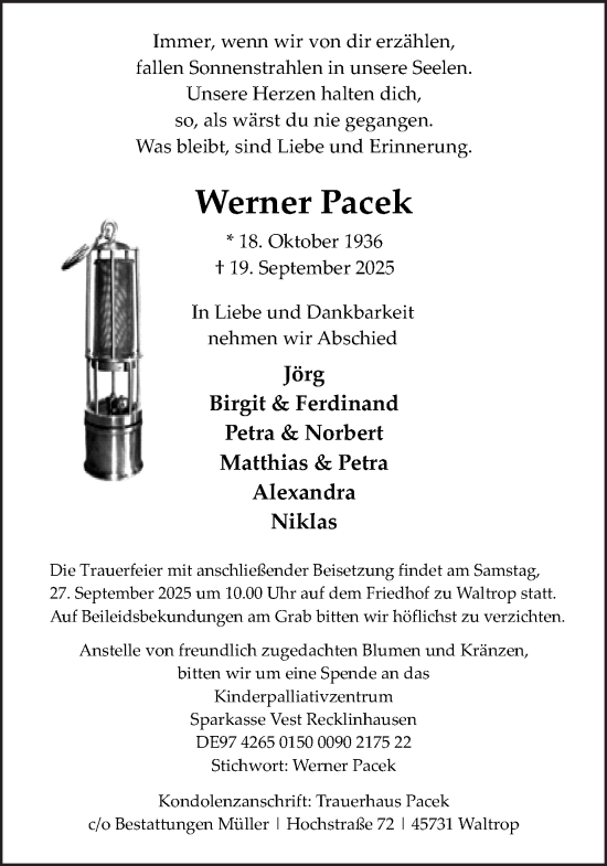 Traueranzeige von Werner Pacek von Trauer Vest
