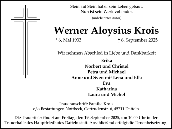 Traueranzeige von Werner Aloysius Krois von Trauer Vest