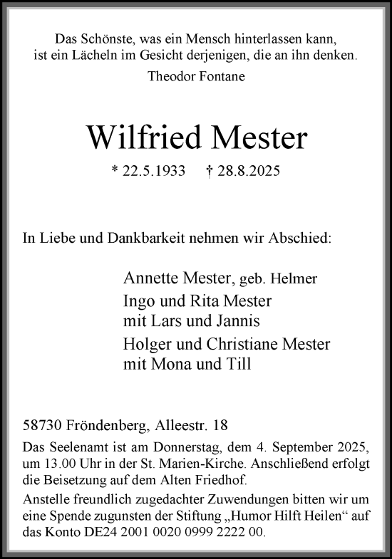 Traueranzeige von Wilfried Mester von Hellweger Anzeiger