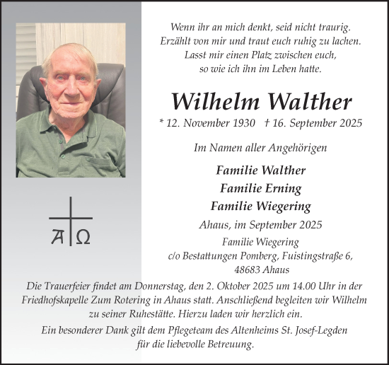 Traueranzeige von Wilhelm Walther von Münsterland Zeitung