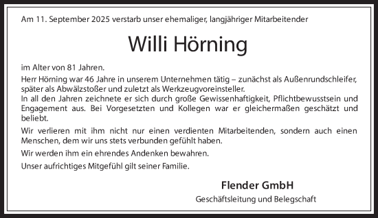 Traueranzeige von Willi Hörning 