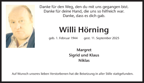 Traueranzeige von Willi Hörning 