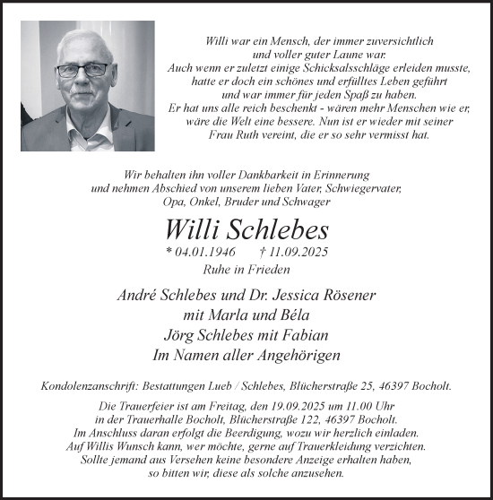 Traueranzeige von Willi Schlebes 