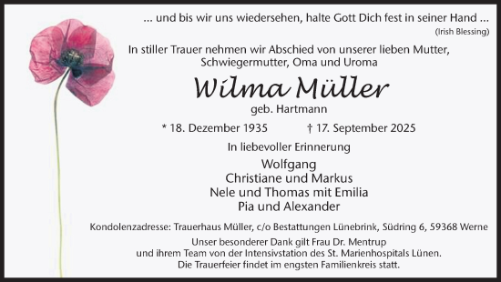 Traueranzeige von Wilma Müller von Ruhr Nachrichten