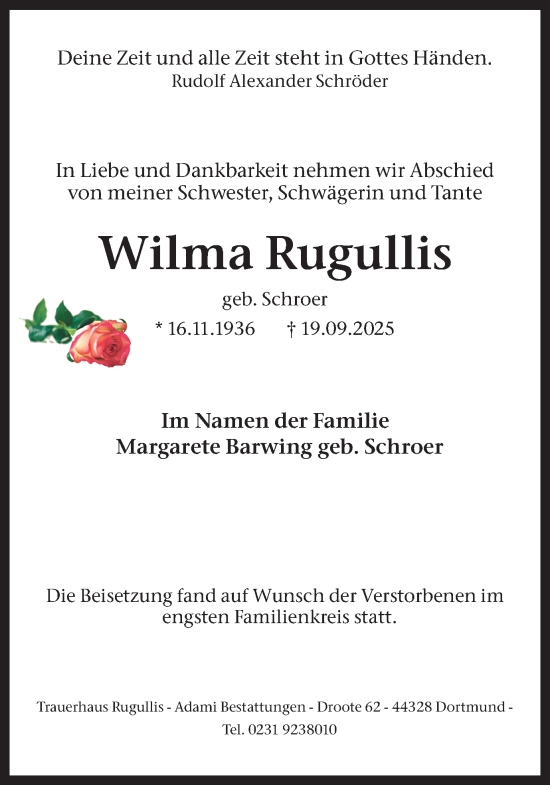 Traueranzeige von Wilma Rugullis von Ruhr Nachrichten