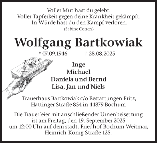 Traueranzeige von Wolfgang Bartkowiak von Stadtanzeiger Castrop-Rauxel