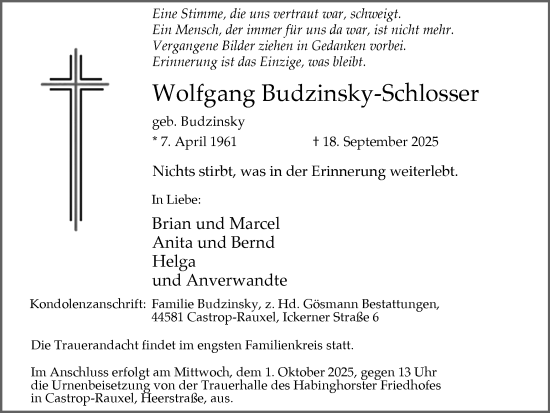 Traueranzeige von Wolfgang Budzinsky-Schlosser von Stadtanzeiger Castrop-Rauxel