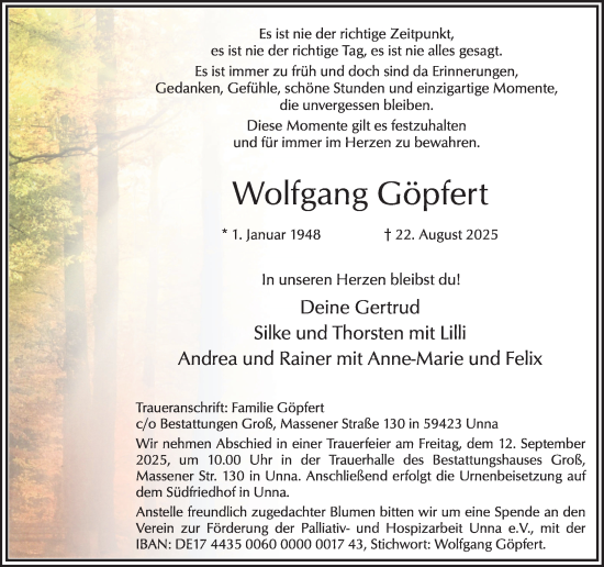 Traueranzeige von Wolfgang Göpfert von Hellweger Anzeiger