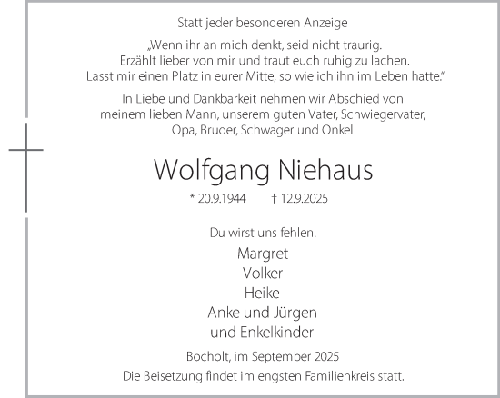 Traueranzeige von Wolfgang Niehaus 