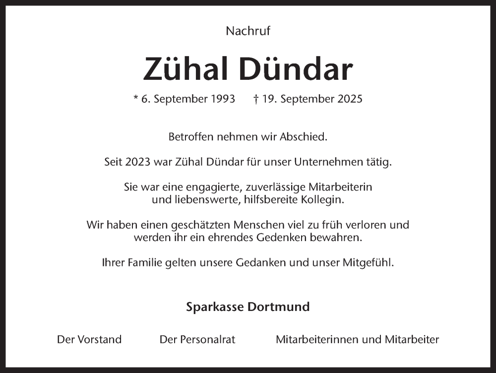  Traueranzeige für Zühal Dündar vom 27.09.2025 aus Ruhr Nachrichten
