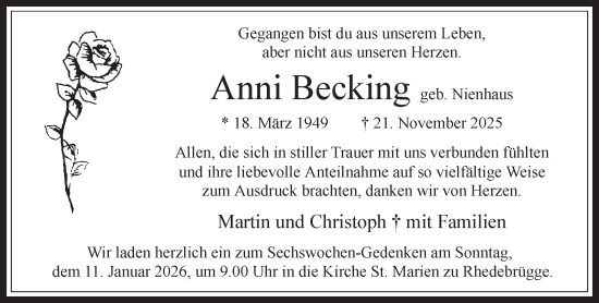 Traueranzeige von Anni Becking von Bocholter Borkener Volksblatt 