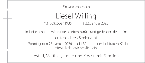 Traueranzeige von Liesel Willing von Bocholter Borkener Volksblatt
