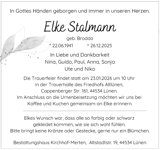 Traueranzeige von Elke Stalmann von Ruhr Nachrichten