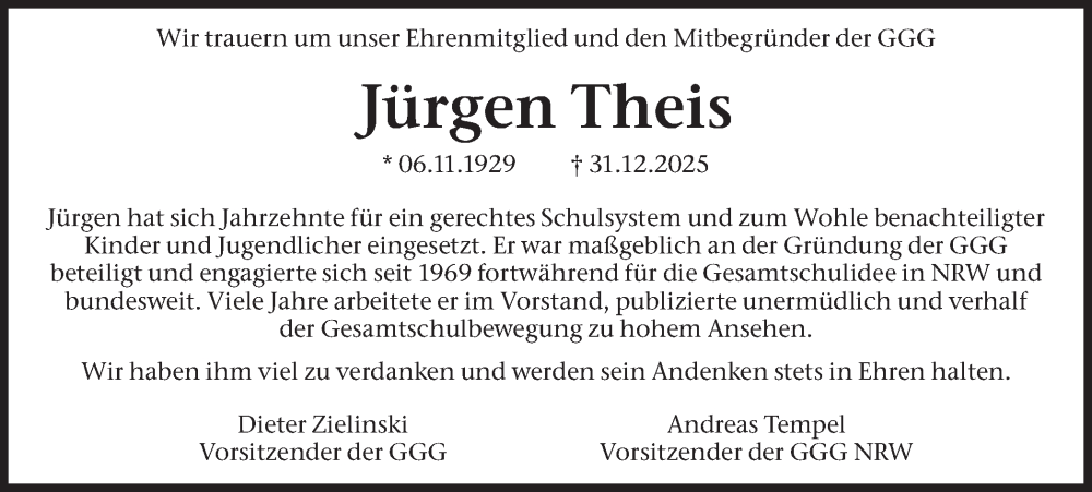  Traueranzeige für Jürgen Theis vom 17.01.2026 aus Ruhr Nachrichten