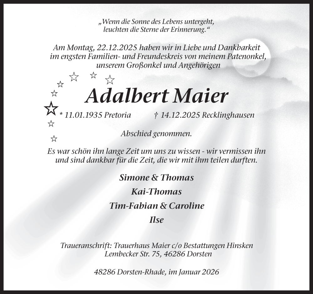  Traueranzeige für Adalbert Maier vom 03.01.2026 aus Ruhr Nachrichten und Dorstener Zeitung
