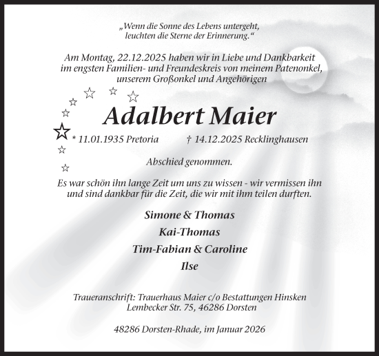 Traueranzeige von Adalbert Maier von Ruhr Nachrichten und Dorstener Zeitung